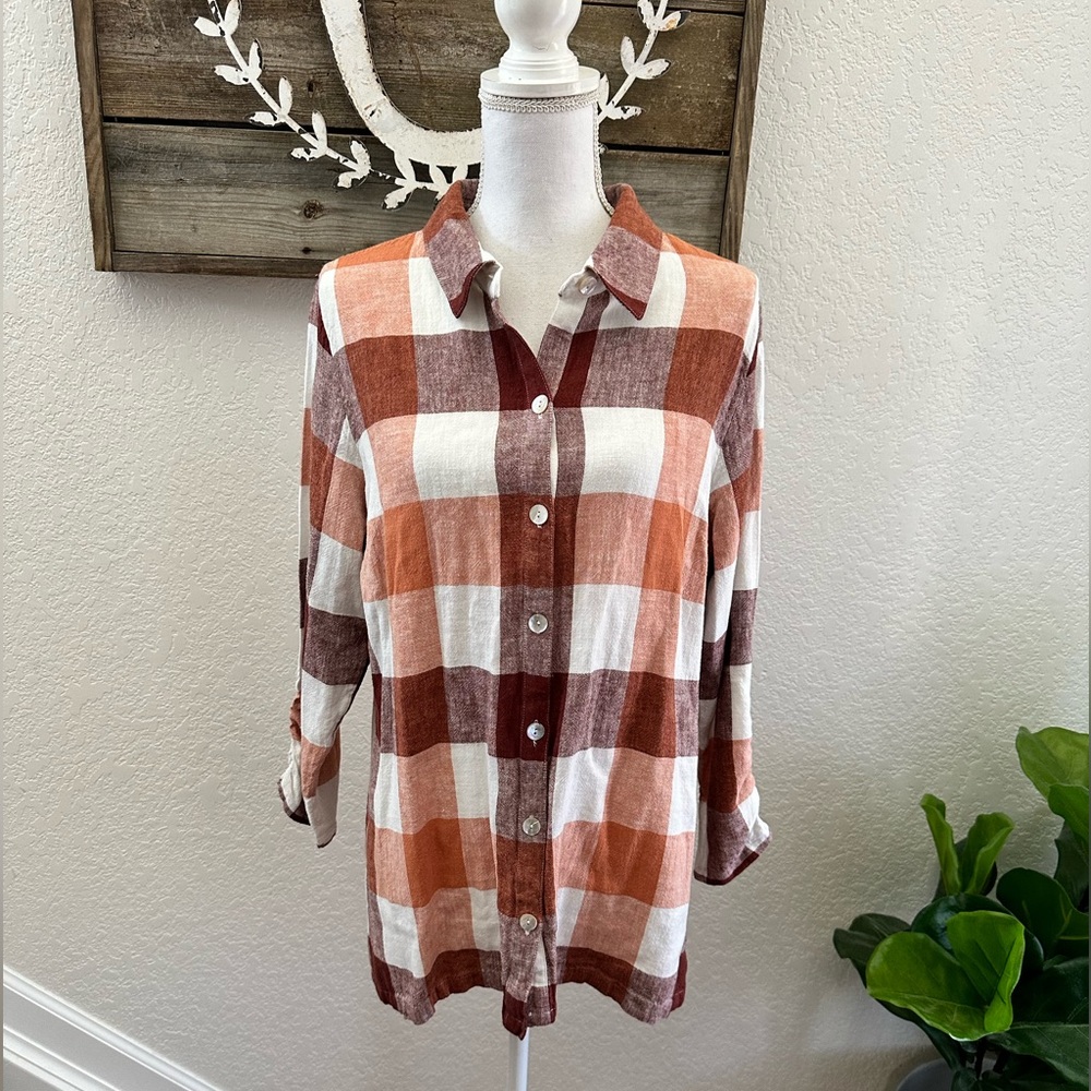 Soft Surroundings brown orange plaid button down top linen blend size XL